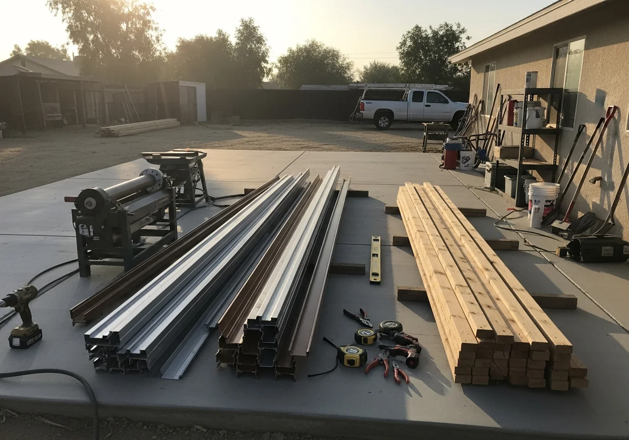 Construction crew with tools and equipment ready for patio cover and gutter installation work.