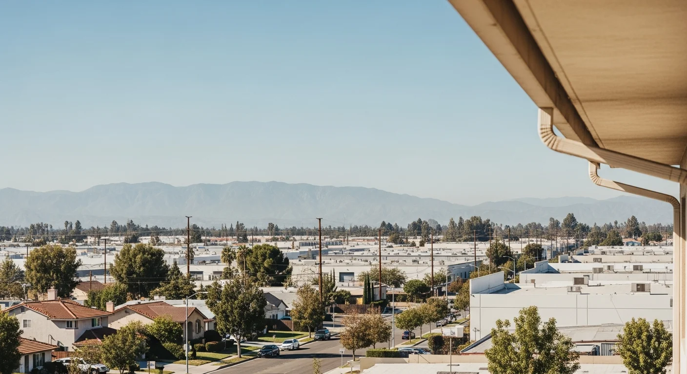 Wide view of Fontana's mixed industrial and residential landscape with clear skies and commercial buildings.