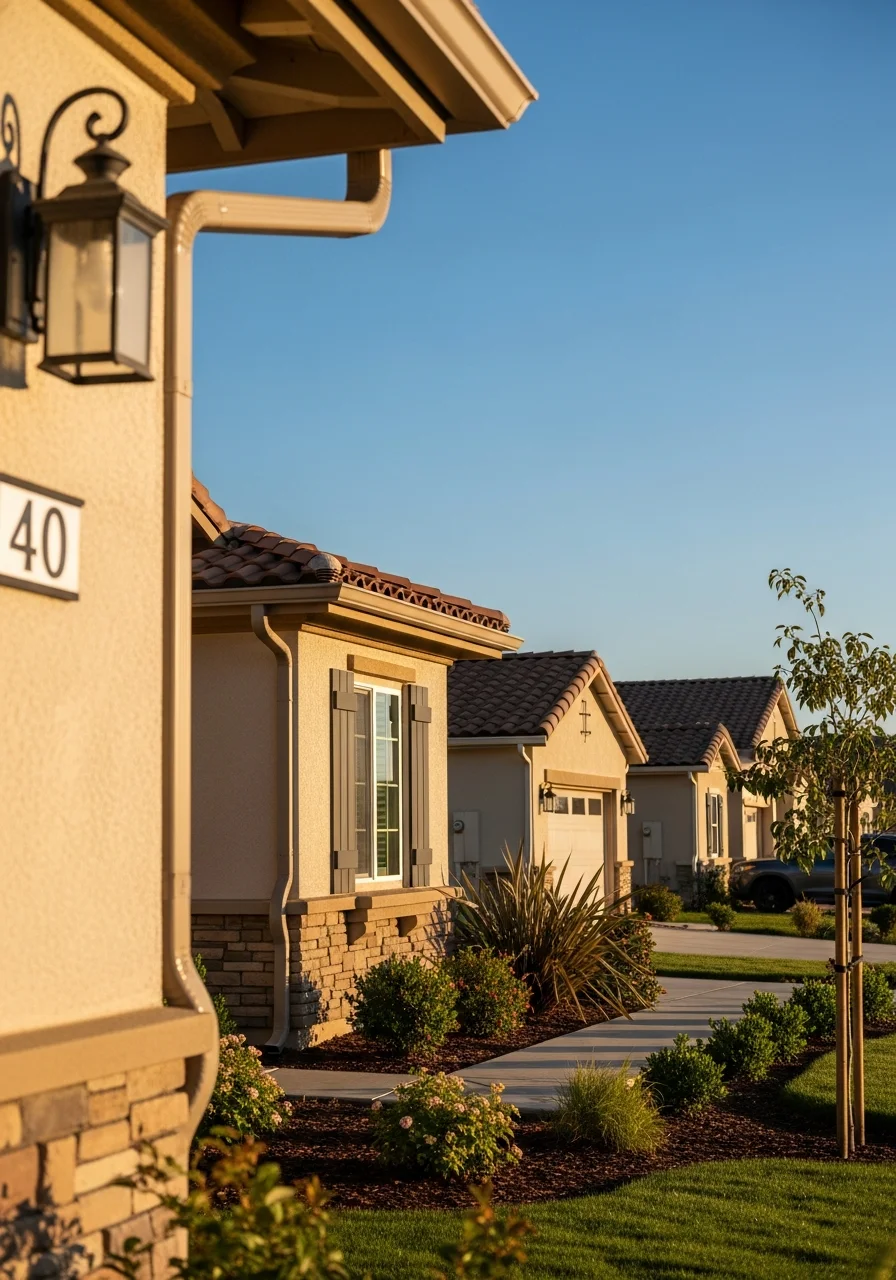 Detailed view of a high-standard residential property in Rancho Cucamonga with manicured grounds and architectural detail.