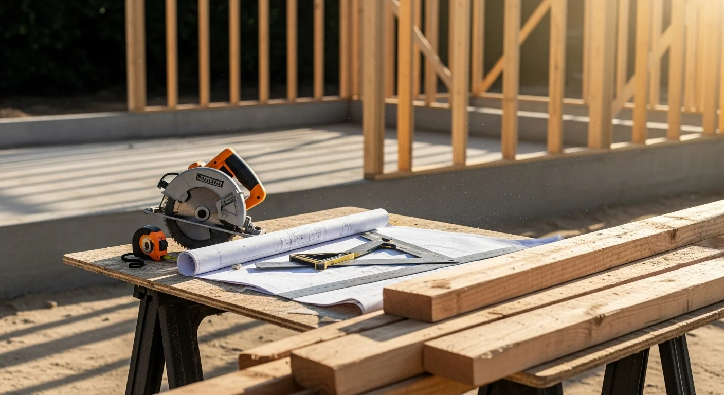 Custom wood framing in progress on a residential home addition in Fontana, California, showing wall studs, window openings, and floor system components set plumb and square. A William Dexter Builders INC carpentry crew works on-site against a clear Inland Empire sky.