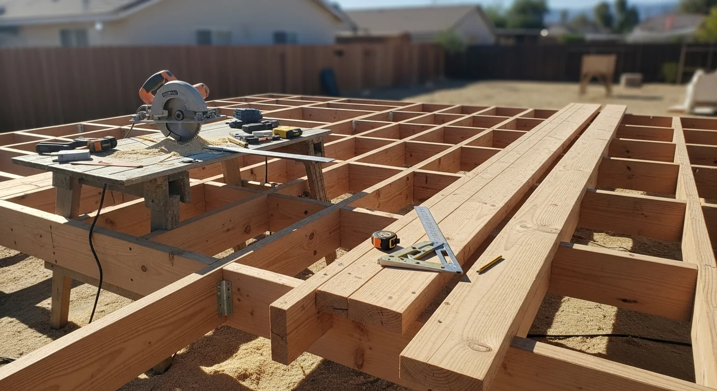 A newly built wood deck attached to the back of a single-family home in Fontana, California, with clean railing lines and stair access to the yard. The deck overlooks a residential backyard with views toward the San Bernardino foothills.