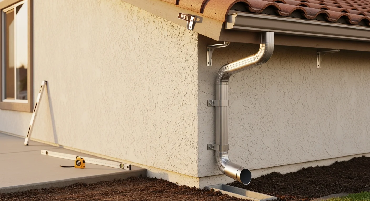 A newly installed downspout on a single-family home in Fontana, California, directing roof runoff away from the foundation along a stucco exterior wall. The downspout connects flush to the gutter above and terminates near a concrete splash block at ground level.