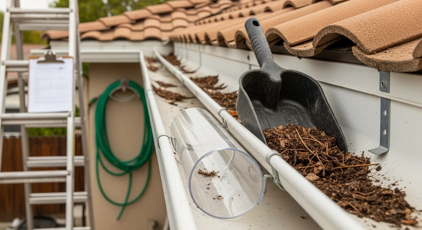 A gutter technician removing packed leaf debris and dirt buildup from a residential gutter on a single-family home in Fontana, California. The cleaned gutter channel shows clear downspout flow with no standing water or overflow.