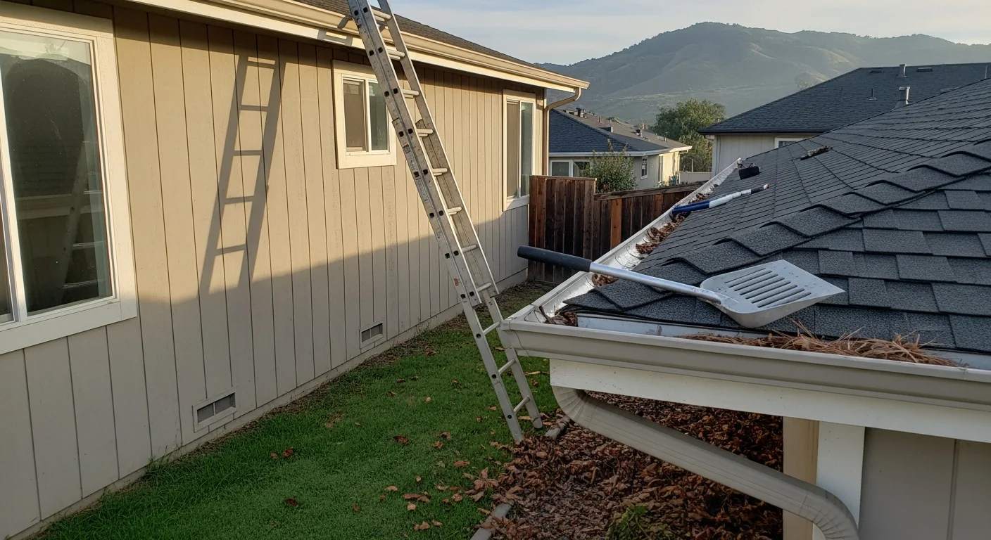 A JH Construction technician clearing packed leaf debris and dirt from a residential gutter on a single-family home in Fontana, California. The cleaned gutter section shows open, unobstructed flow toward a clear downspout against a backdrop of a tile-roofed Inland Empire home.