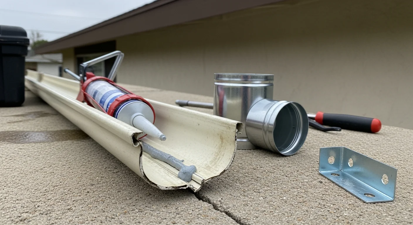 A repaired residential gutter run on a single-family home in Fontana, California, with resealed joints and realigned hangers secured to the fascia. Downspout directs water away from the stucco exterior toward the yard.