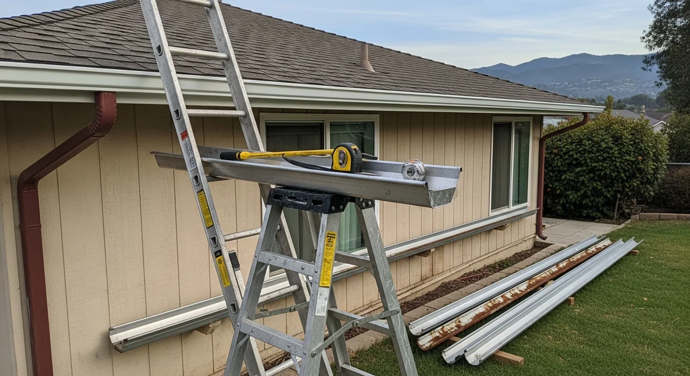 New gutters installed along the roofline of a single-family home in Fontana, California, with downspouts directing water away from the foundation. Close view shows clean fascia attachment and properly pitched gutter channel after full replacement.