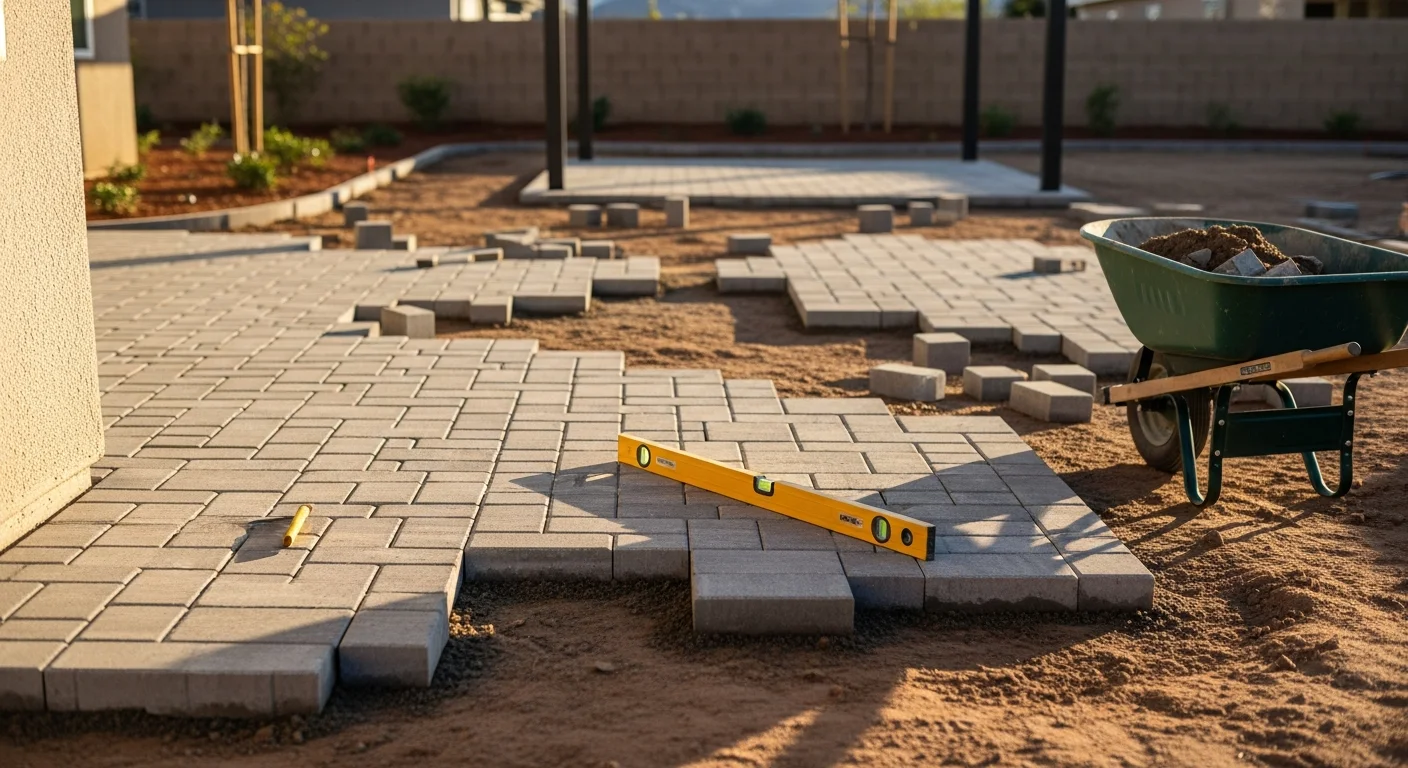 A finished backyard outdoor living space on a Fontana residential lot, featuring a covered patio, hardscape flooring, and a defined seating area with the San Bernardino Mountains visible in the background. JH Construction patio builder project in Fontana, CA.