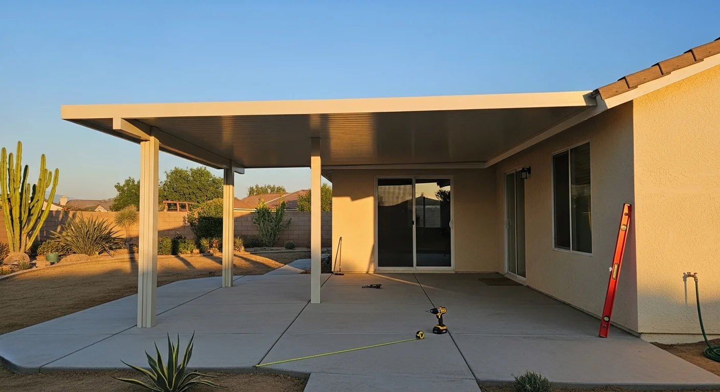 A newly installed solid patio cover attached to the rear of a single-family home in Fontana, California, providing full shade over a concrete backyard patio. The structure features clean post-and-beam framing with a finished roofline that matches the home's exterior.