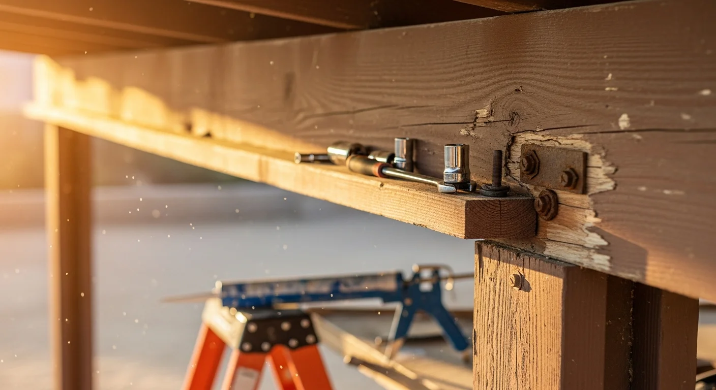 A repaired residential patio cover in Fontana, California, with restored framing and secure panel connections visible against a clear Inland Empire sky. The backyard structure shows clean, stable beams and hardware typical of post-repair work on a single-family home.