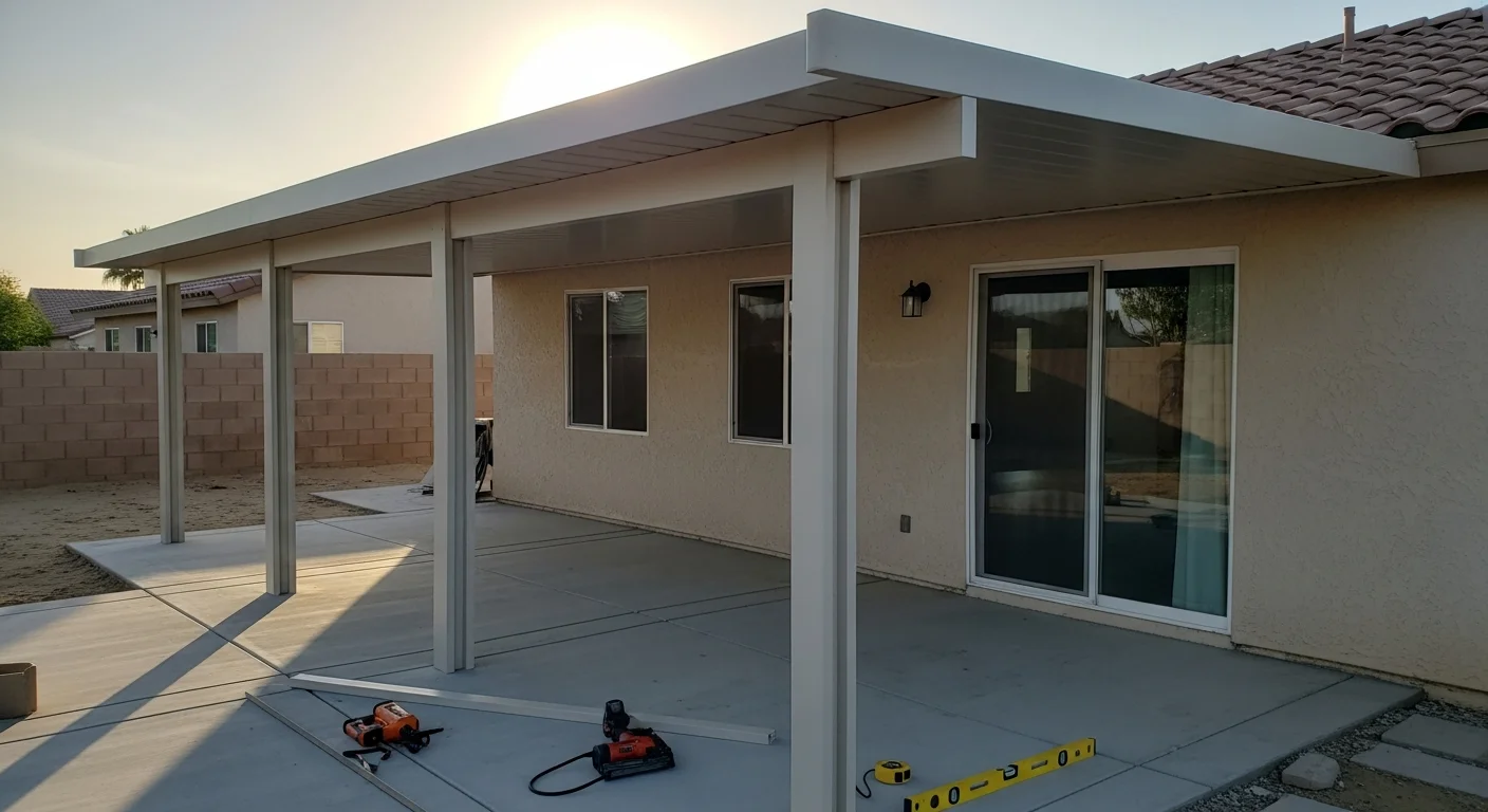 A newly replaced patio cover attached to the back of a single-family home in Fontana, California, showing clean post footings, a solid roof panel, and a clear backyard patio area below. The structure sits flush against the home's fascia with no visible gaps or warping.