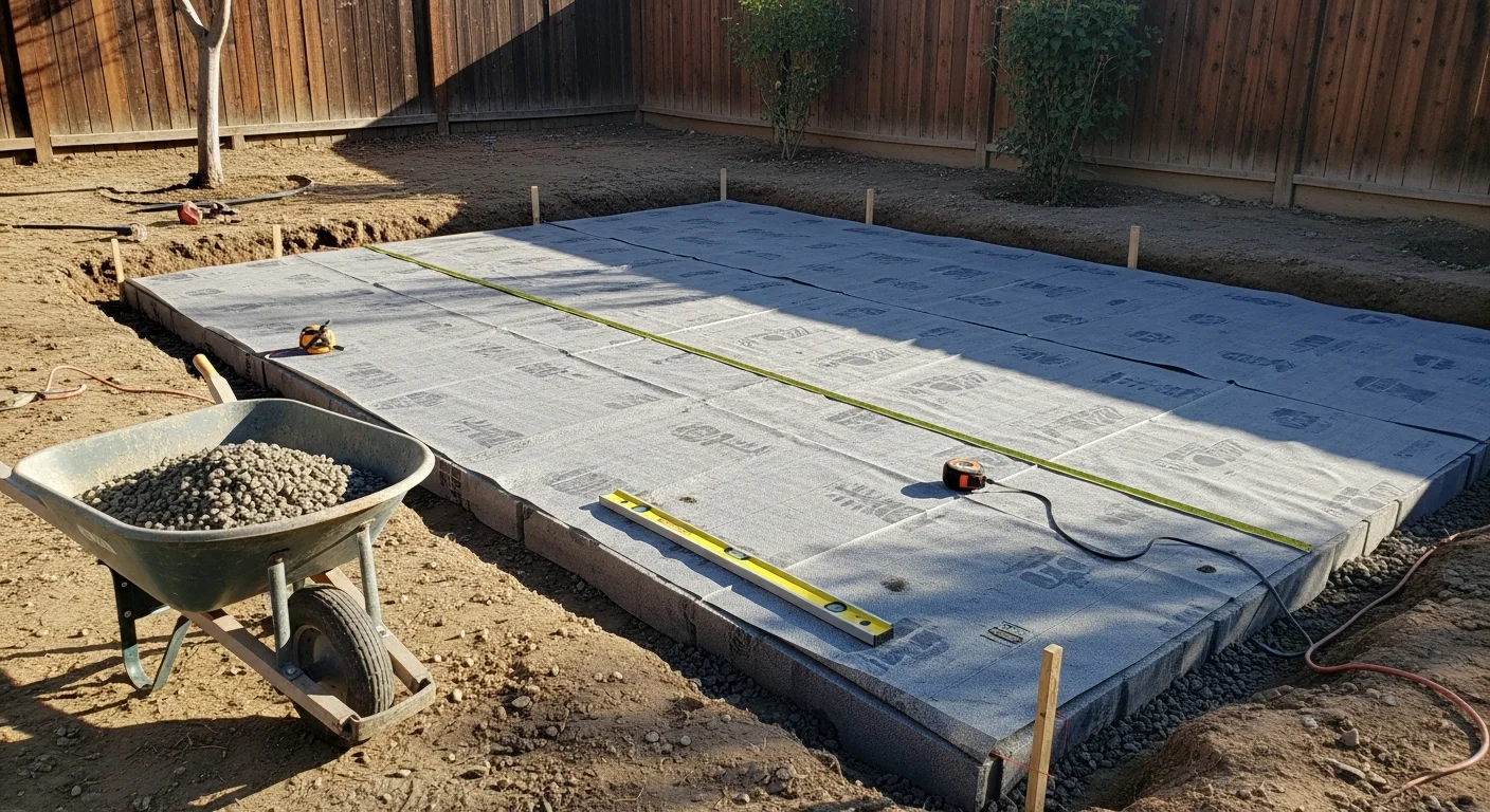 Newly renovated backyard patio at a Fontana, CA residential home, featuring a flat hardscape surface and a shade cover structure. The space is clean, level, and open, with the home's exterior visible in the background.