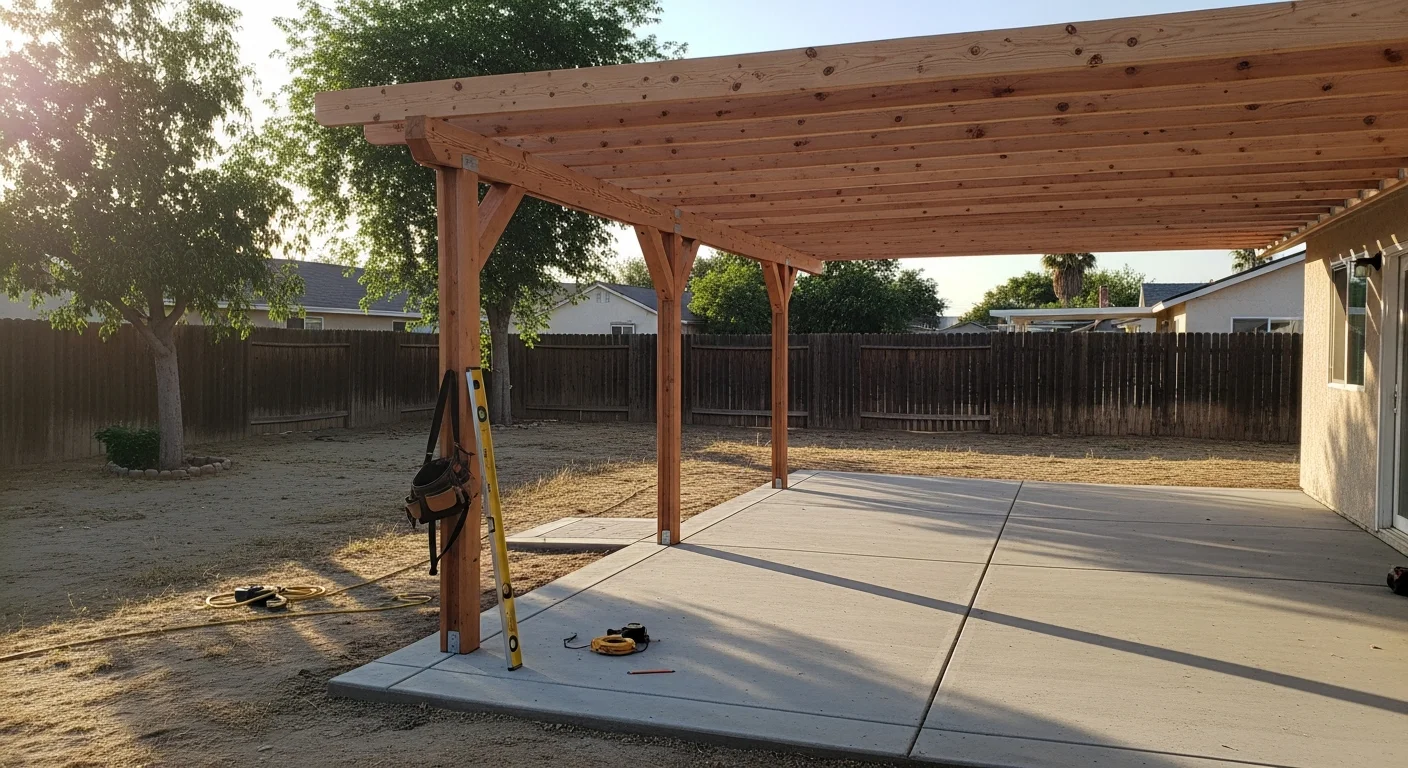 A custom-built attached patio shade structure covering a concrete backyard patio at a single-family home in Fontana, California. The structure blocks afternoon sun and provides a shaded outdoor seating area with a view of the surrounding yard.