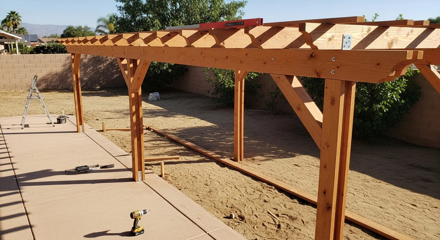 A custom wood pergola installed in a Fontana backyard, with open-beam rafters casting shade over a concrete patio. The structure is attached to the rear of a single-story residential home with a clean post-and-beam frame built by William Dexter Builders INC.