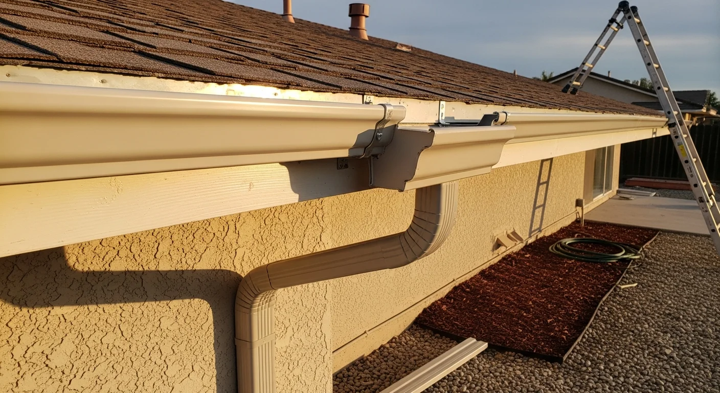 A newly installed rain gutter system running along the roofline of a single-family home in Fontana, California. A downspout directs water away from the foundation toward the yard drainage area.
