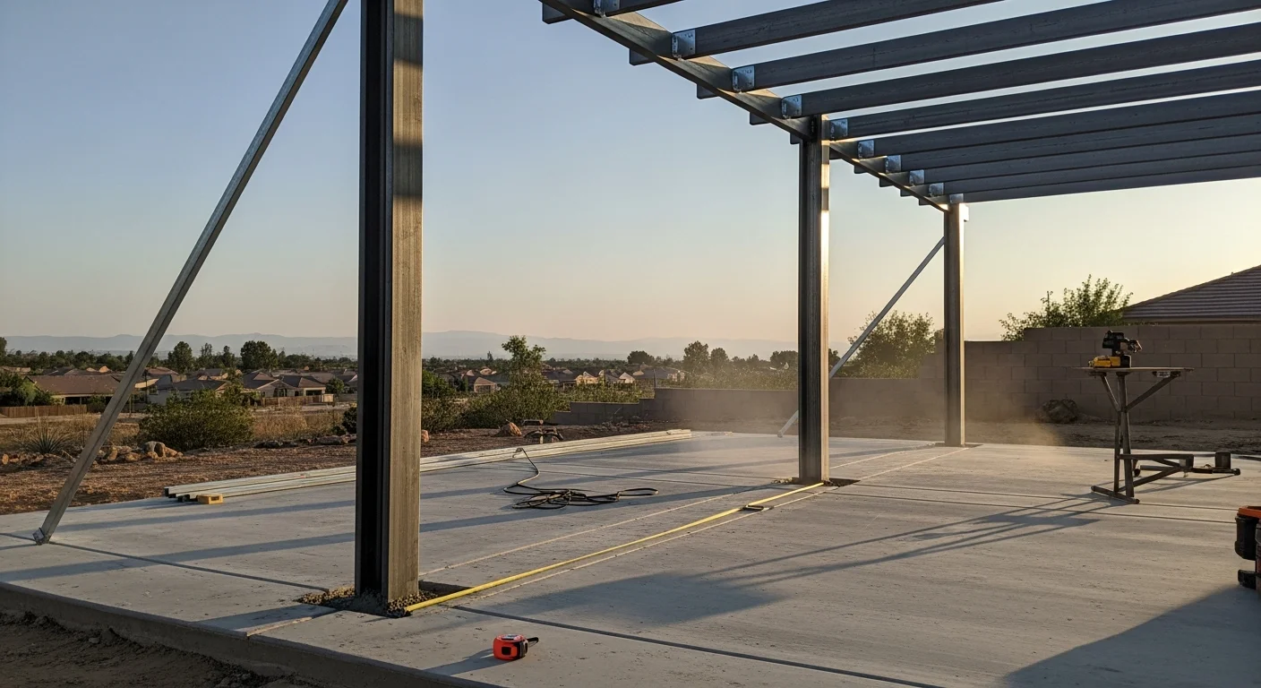 A freestanding shade structure installed in a Riverside, CA backyard, providing overhead coverage for a patio seating area with clean post framing and a solid roof panel.