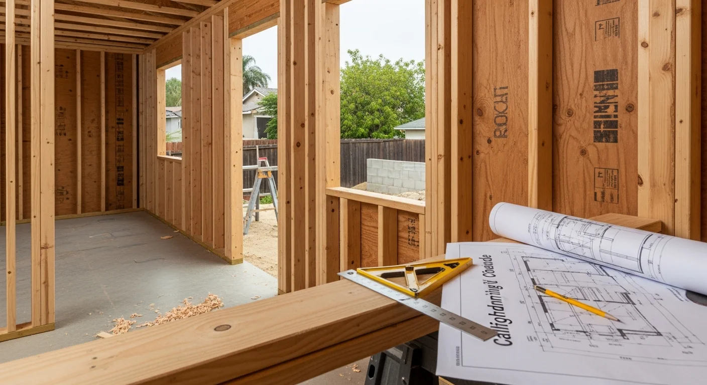 A wood-framed wall and roof structure under construction on a residential lot in Fontana, California, showing exposed studs, headers, and roof rafters before sheathing is applied. A carpenter measures and marks framing members on a clear Inland Empire afternoon.